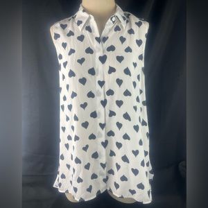 Equipment Femme Black & White Heart Print Sleeveless Blouse Size S/P